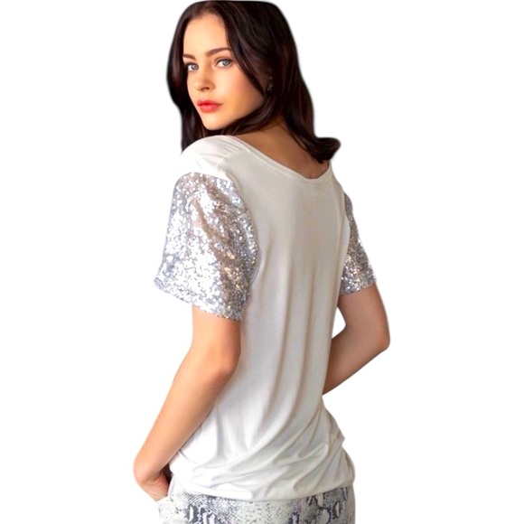 POL Oversized White V-Neck Top with Lace Trim and Silver Sequined Short Sleeves - Picture 5 of 9
